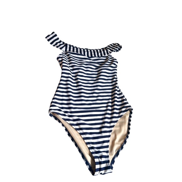 Old Navy Striped Swimsuit One Piece Off Shoulder Ruffle‎ Navy White S - Picture 1 of 7